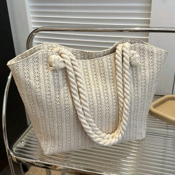 - New Stylish Beige Knitted straw Woven Tote Bag with Rope Handles‎ Casual … - Picture 1 of 4